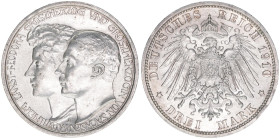 Wilhelm Ernst 1901-1918
Sachsen-Weimar-Eisenach. 3 Mark, 1910 A. zur Hochzeit mit Feodora von Sachsen-Meiningen
16,65g
J.162
vz/stfr