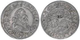 Ferdinand II. 1619-1637
3 Kreuzer, 1624. Avers einfache Punkte
Graz
1,97g
Herinek 1077
ss