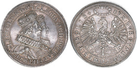 Erzherzog Leopold V. 1618-1632
Doppeltaler Medici, ohne Jahr. aus Anlass der Vermählung - schmale Bügelkrone
Hall
56,64g
vz-