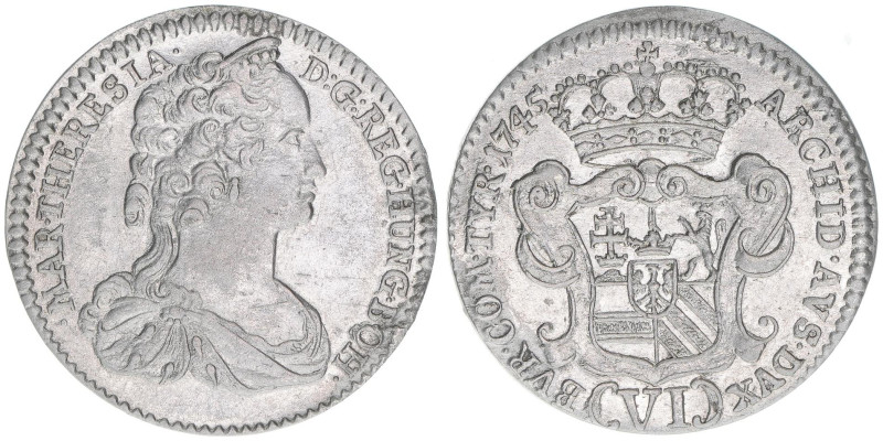 Maria Theresia 1740-1780
6 Kreuzer, 1745. selten
Hall
3,17g
MT 926
vz/stfr