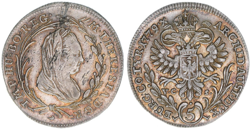 Maria Theresia 1740-1780
5 Kreuzer, 1779. selten
Hall
2,24g
MT 1171
ss/vz