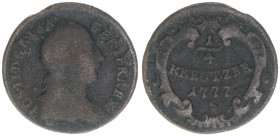 Joseph II. 1765-1790
1/4 Kreuzer, 1777 S. als Mitregent, äußerst selten, ANK bewertet mit Liebhaberpreis
Schmöllnitz
1,98g
ANK Seite 53
s+