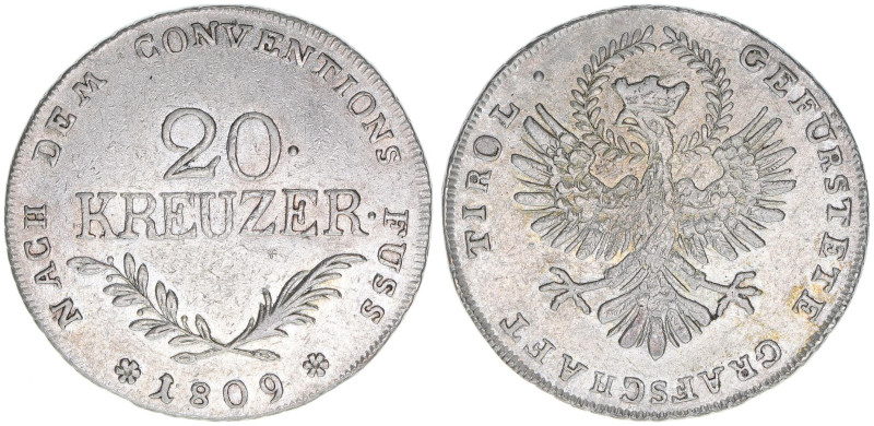 Aufstand Andreas Hofer 1809
20 Kreuzer, 1809. Kleeblatt in den Adlerflügeln erha...
