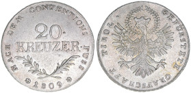 Aufstand Andreas Hofer 1809
20 Kreuzer, 1809. Kleeblatt in den Adlerflügeln erhaben
Hall
6,69g
MT 1399
vz