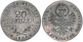 Aufstand Andreas Hofer 1809
20 Kreuzer, 1809. Kleeblatt in den Adlerflügeln vertieft
q
6,68g
MT 1399
vz