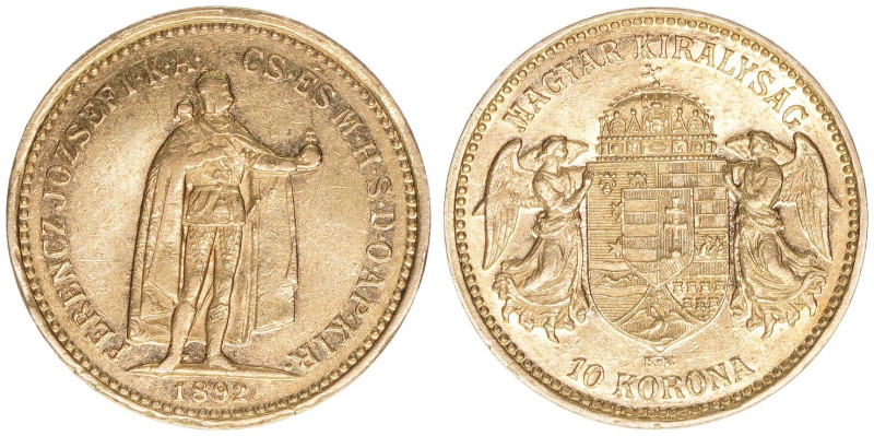 Franz Joseph I. 1848-1916
10 Corona, 1892 KB. Gold
Kremnitz
3,40g
ANK 38
ss+