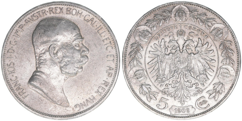 Franz Joseph I. 1848-1916
5 Kronen, 1909. ohne Medailleurnamen unter dem Kopfbil...