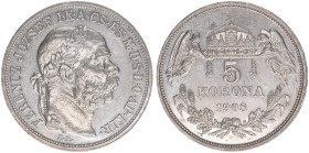 Franz Joseph I. 1848-1916
5 Korona, 1908 KB. Kremnitz
23,89g
ANK 108
vz/stfr