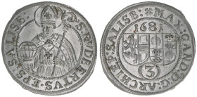 Max Gandolph Graf Khuenburg 1668-1687
Erzbistum Salzburg. 3 Kreuzer, 1681. Salzburg
1,63g
Zöttl 2031, Probszt 1687
stfr