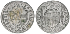 Max Gandolph Graf Kuenburg 1668-1687
Erzbistum Salzburg. 1/2 Batzen, 1675. Salzburg
1,22g
Zöttl 2037, Probszt 1693
vz