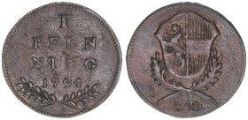 Hieronymus Graf Colloredo 1772-1803
Erzbistum Salzburg. 1 Pfennig, 1794. S.B.
Salzburg
1,35g
Zöttl 3393, Probszt 2592
ss+