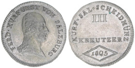 Kurfürst Erzherzog Ferdinand 1803-1806
Salzburg. 3 Kreuzer, 1805. ohne Signatur
Salzburg
1,38g
Zöttl 3424, Probszt 2618a
stfr-