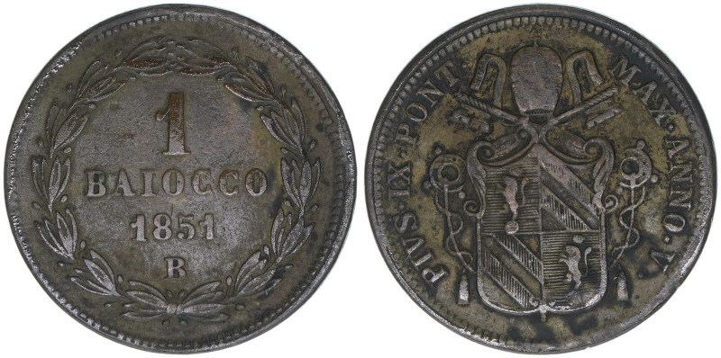 Papst Pius IX.
Kirchenstaat. 1 Baiocco, 1851 B. 10,04g
Khant/Schön 66
Tusche Inv...