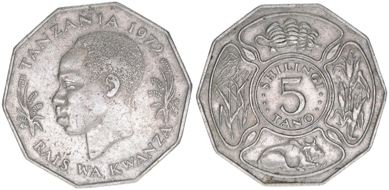 5 Shilingi, 1972
Tansania. FAO Julius Kambarage Nyerere. Kupfer-Nickel
13,45g
Sc...