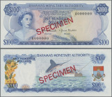 Bahamas: Bahamas Monetary Authority 100 Dollars L.1968 SPECIMEN, P.33s with red overprint ”Specimen” and all zero serial numbers in perfect UNC condit...