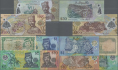 Brunei: Government of Brunei and State of Brunei Darussalam, lot with 6 banknotes, 1983-2008, with 5 Ringgit 1983 (P.7b, F- with stains), 1 Ringgit 19...