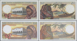Comoros: Pair with 500 Francs, one issued by the Institut d'Émission des Comores ND(1976), P.7a in UNC and the second issued by the Banque Centrale de...
