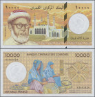 Comoros: Banque Centrale des Comores 10.000 Francs ND(1997), P.14, tiny dent at upper and lower left corner, otherwise perfect, Condition: aUNC.
 [di...