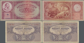Czechoslovakia: Národná Banka Československá, pair with 10 Korun 1927 S. B011 (P.20, F with margin splits) and 50 Korun 1929 series Xb 013499 (P.22, V...