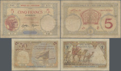 Djibouti: Banque de l'Indo-Chine – Djibouti 5 Francs ND(1928-32), P.6b (F/F- with pinholes and toned paper) and Trésor Public - Côte Française des Som...