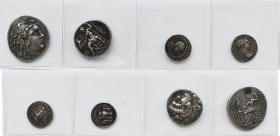 Antike: Nachahmungen / Copy alter Münzen, dabei: 2 x Tetradrachmen (Seleukia und Makedonien) sowie zwei Römische Denare (Traian und Geta). Hübsche Bel...