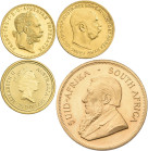 Alle Welt: Kleines Lot 4 Goldmünzen, dabei: 1 OZ Krügerrand, 1/4 OZ Nugget, 20 Kronen 1915 und 1 Dukat 1915 aus Österreich-Ungarn.
 [zzgl. 0 % MwSt.]...