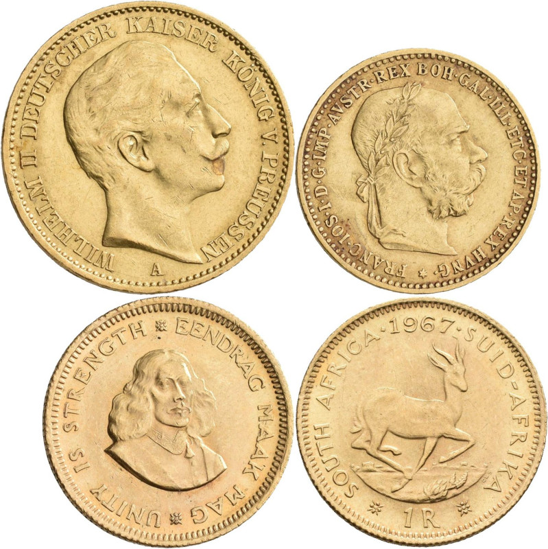 Alle Welt: 3 Goldmünzen, dabei 20 Mark Preußen 1912, 1 Rand aus Südafrika 1967 s...