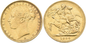 Australien: Victoria 1837-1901: Sovereign 1884 M, Melbourne, KM# 7, Friedberg 16. 7,95 g, 917/1000 Gold. Kratzer, sehr schön.
 [zzgl. 0 % MwSt.]