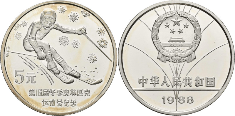 China - Volksrepublik: 5 Yuan 1988 Abfahrtsläufer / downhill skier with snowflak...