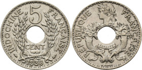 Franz. Indochina: 5 Cent 1938, KM# 18.1a. Nickel-Messing Legierung, Gewicht 4 g. Vorzüglich.
 [differenzbesteuert]
Gebotslos, Zuschlag zum Höchstgeb...