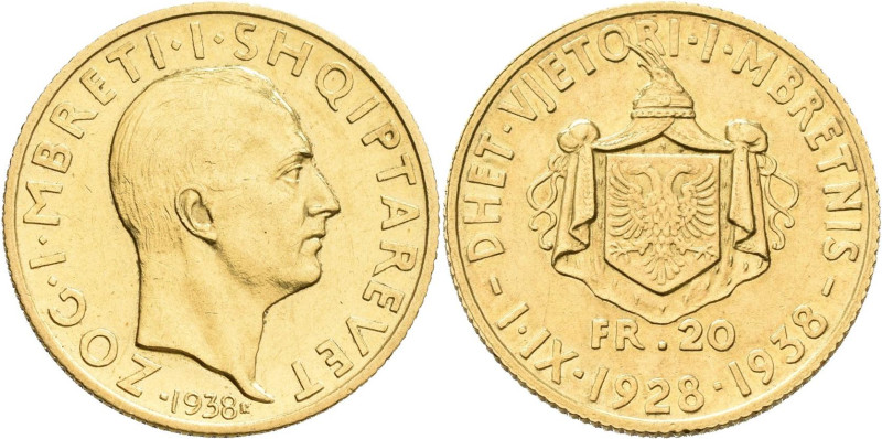 Albanien: Zogu I. 1928-1939: 20 Franga Ari 1938 R, Rom. Auf das 10-jährige Regie...