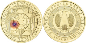 Deutschland: 100 Euro 2002 Währungsunion (D), in Originalkapsel und Etui, mit Zertifikat, Jaeger 493. 15,55 g, (½ OZ) 999/1000 Gold. Großer Rotfleck, ...