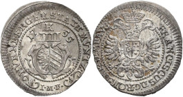 Altdeutschland und RDR bis 1800: Nürnberg: 4 Kreuzer 1755 mit Titel Franz I. 1,58 g. Kellner 370. Dezentriert, Walzenprägung, leichte korrosion, sonst...