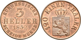 Hessen-Kassel: Friedrich Wilhelm I. 1847-1866: 3 Heller 1852 (120 einen Thaler), AKS 67, Jaeger 41. Bester Jahrgang, Stempelglanz.
 [differenzbesteue...