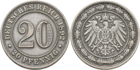 Umlaufmünzen 1 Pf. - 1 Mark: 20 Pfennig 1892 E. Jaeger 14, seltenere Münze, nur 2 Jahre geprägt, sehr schön - vorzüglich.
 [zzgl. 7 % Importspesen]...