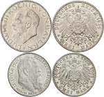 Bayern: Ludwig III. 1913-1918: 3 Mark 1914 D, Jaeger 52. Dabei noch Luitpold 2 Mark 1911, Jaeger 48. Beide vorzüglich - Stempelglanz. Lot 2 Münzen.
 ...