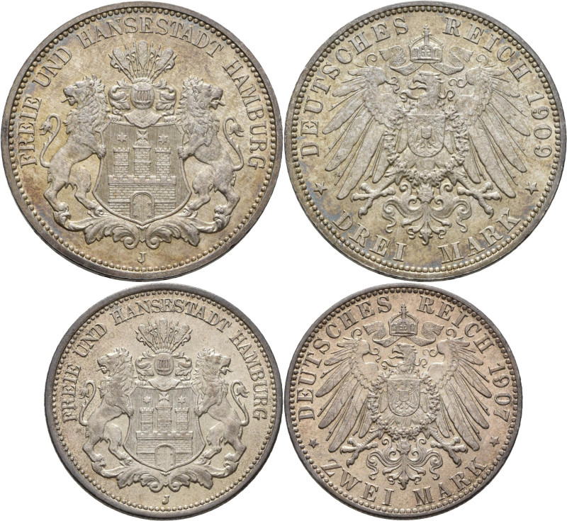 Hamburg: Freie und Hansestadt: 2 Mark 1907 (Jaeger 63) und 3 Mark 1909 (Jaeger 6...