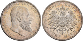 Württemberg: Wilhelm II. 1891-1918: 5 Mark 1908 F, Jaeger 176, feine Patina, kleine Haarlinien, polierte Platte.
 [differenzbesteuert]