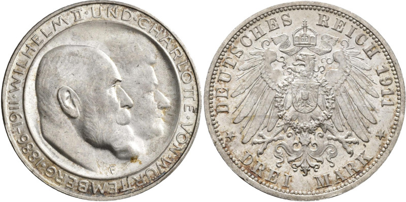 Württemberg: Wilhelm II. 1891-1918: 3 Mark 1911, Silberhochzeit mit Charlotte, J...