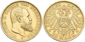Württemberg: Wilhelm II. 1891-1918: 20 Mark 1894, Jaeger 296. 7,95 g, 900/1000 Gold. Kratzer, sehr schön - vorzüglich.
 [zzgl. 0 % MwSt.]