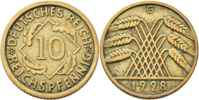 Weimarer Republik: 10 Reichspfennig 1928 G, Jaeger 317, seltener Jahrgang, Kratzer, etwas porös, sehr schön.
 [differenzbesteuert]