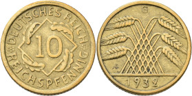 Weimarer Republik: 10 Reichspfennig 1932 G, Jaeger 317, seltener Jahrgang, Kratzer, sehr schön.
 [differenzbesteuert]