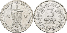 Weimarer Republik: 3 Reichsmark 1925 G, 1000 Jahrfeier Rheinlande, Jaeger 321. Feinste Haarlinien, sonst Stempelglanz.
 [differenzbesteuert]