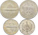 Weimarer Republik: Lot 2 Münzen: 3 Reichsmark 1930 G, Jaeger 342 + 5 Reichsmark 1930 F, Graf Zeppelin, Jaeger 343, beide feine Patina, vorzüglich.
 [...