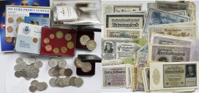 Nachlässe: Nachlass mit diversen Münzen und Banknoten, dabei bisschen Euro-Münzen und Euro-Proben, 5 und 10 DM Münzen, 1 Mark aus dem Kaiserreich, Aus...