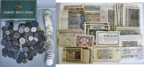 Nachlässe: Nachlass mit einer Cigaretten-Blechdose voll mit Münzen, überwiegend Notgeld der 1920er, 23 x 5 Reichsmark Hindenburg/Garnisonkirche sowie ...