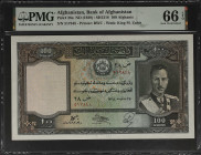 AFGHANISTAN. Da Afghanistan Bank. 100 Afghanis, ND (1939). P-26a. PMG Gem Uncirculated 66 EPQ.
Printed by BWC. Watermark of King M. Zahir. Wide margi...