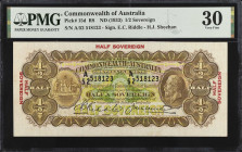 AUSTRALIA. Commonwealth Bank of Australia. 1/2 Sovereign, ND (1933). P-15d. PMG Very Fine 30.
Signature combination of E.C. Riddle and H.J. Sheehan. ...
