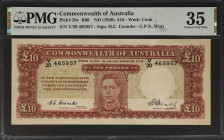 AUSTRALIA. Commonwealth Bank of Australia. 10 Pounds, ND (1949). P-28c. PMG Choice Very Fine 35.
Signature combination of H.C. Coombs and G.P.N. Watt...