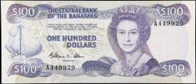 BAHAMAS. The Central Bank of the Bahamas. 100 Dollars, 1974 (ND 1984). P-49. Crisp Uncirculated.
Printed by TDLR. Simply a rare issue with the Allen ...